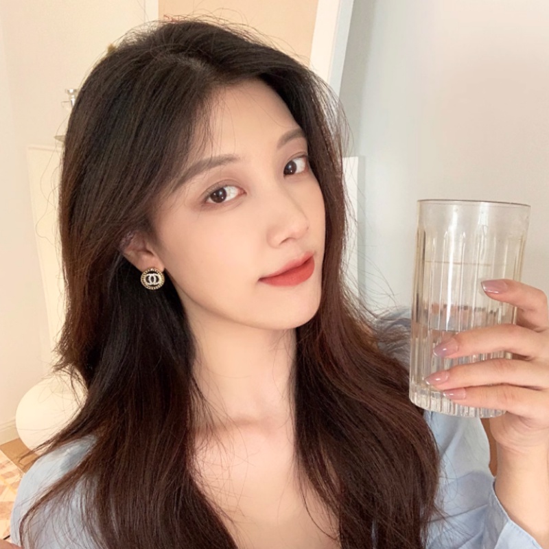 Bông Tai Mạ Bạc 925 Hình Tròn Khắc Chữ Đính Đá Pha Lê Đen Phong Cách Hàn Quốc Thời Trang Cho Nữ