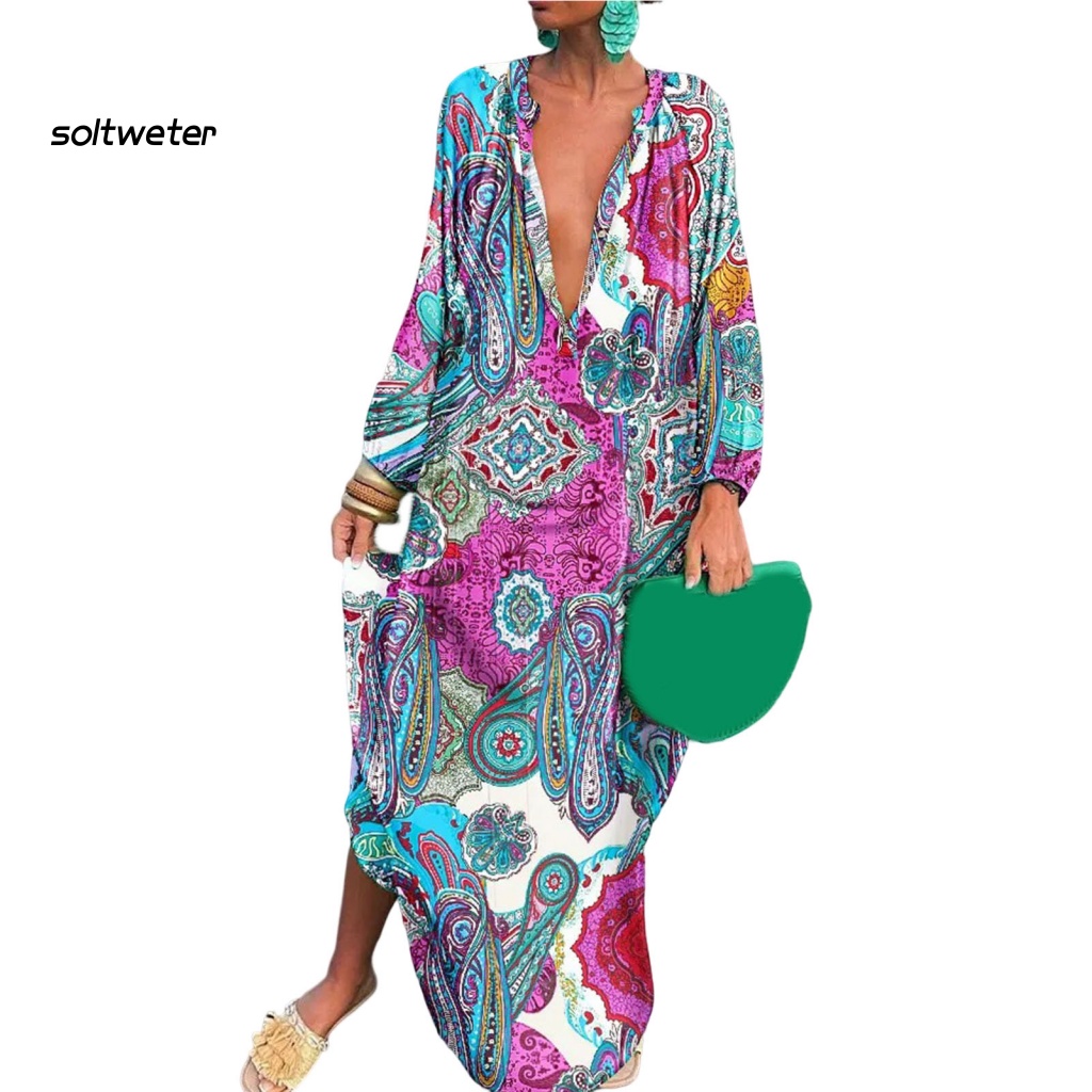 Đầm Maxi Cổ V Dài Đến Mắt Cá Chân Dáng Rộng In Họa Tiết Kiểu Retro Thời Trang Mùa Thu