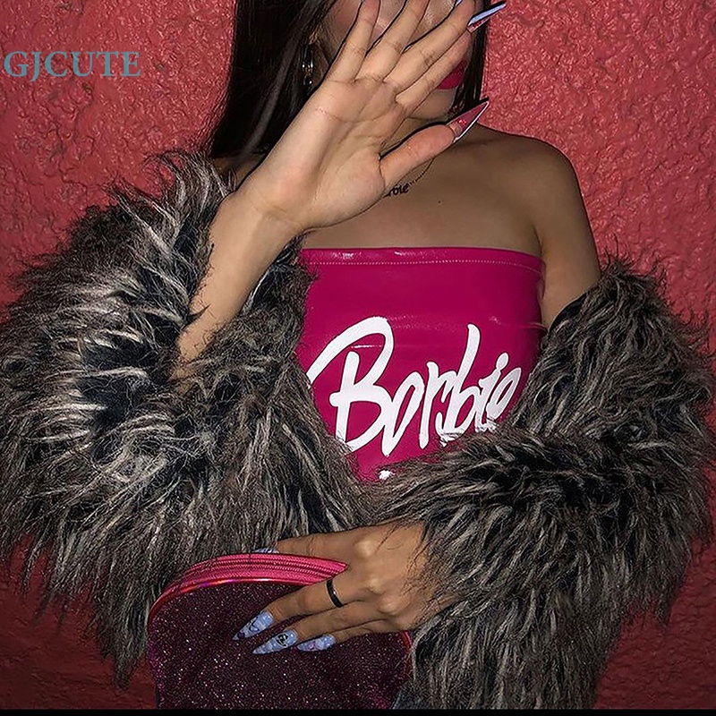 Áo Da PU Không Tay Dáng Ôm In Chữ Gợi Cảm Cho Bạn Gái