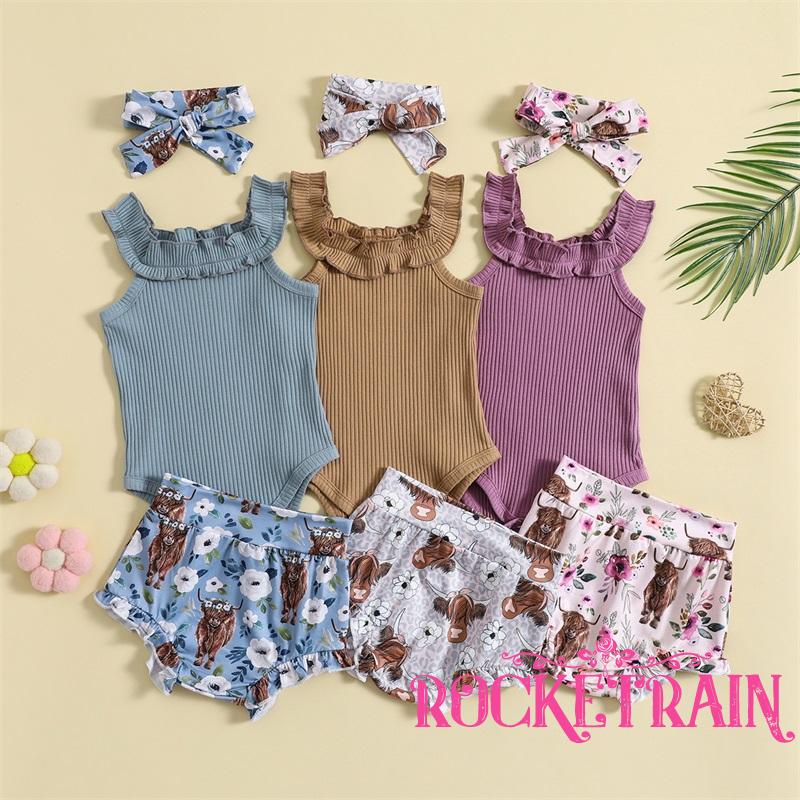 Bộ Trang Phục 3 Món Họa Tiết Hoa Gồm Áo Liền Quần Màu Trơn Kèm Băng Đô Thời Trang Mùa Hè Cho Bé Gái