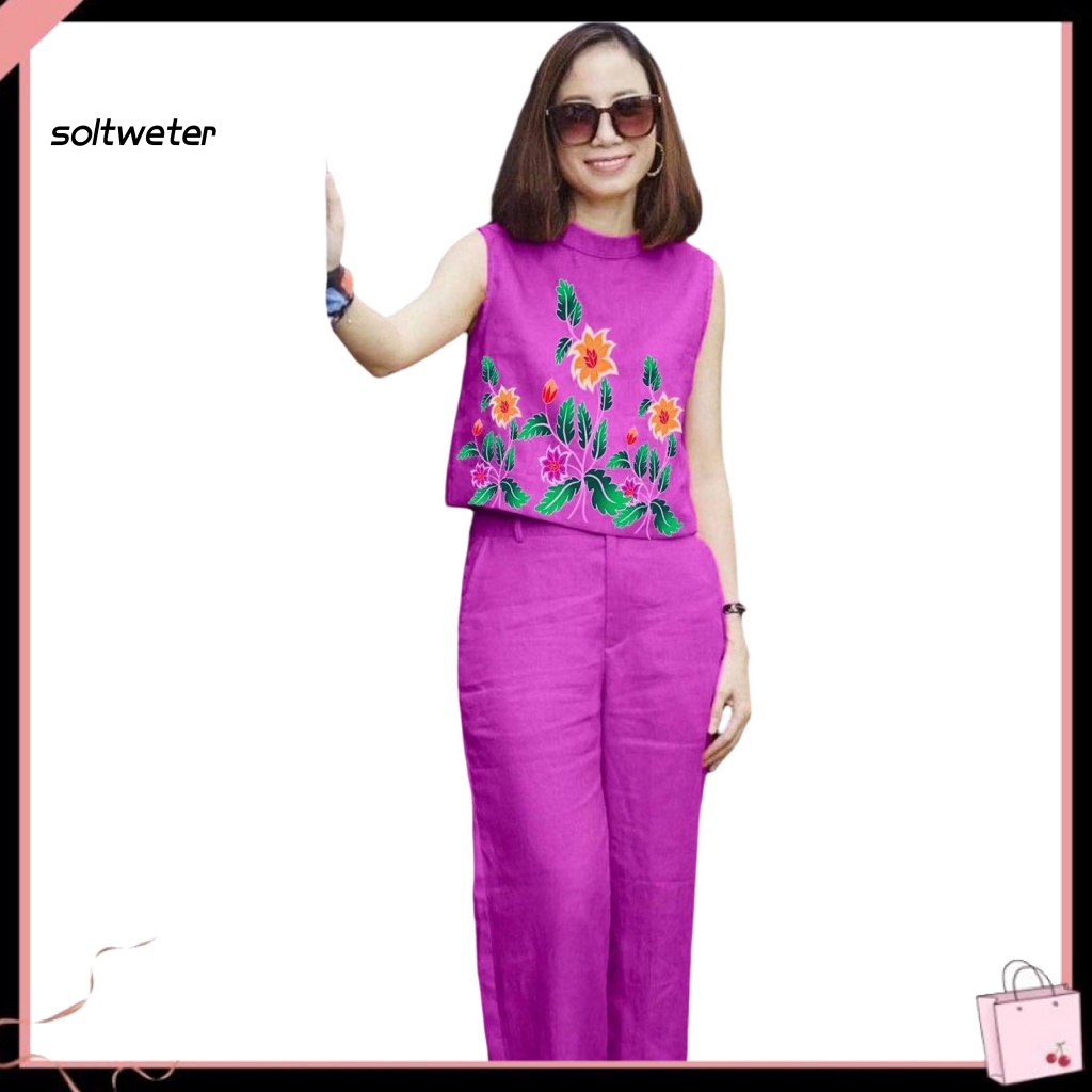 Bộ Trang Phục 2 Mảnh Gồm Áo Không Tay Cổ Tròn Và Quần Dài Lưng Thun In Họa Tiết Hoa Dáng Rộng Thời Trang Cho Nữ