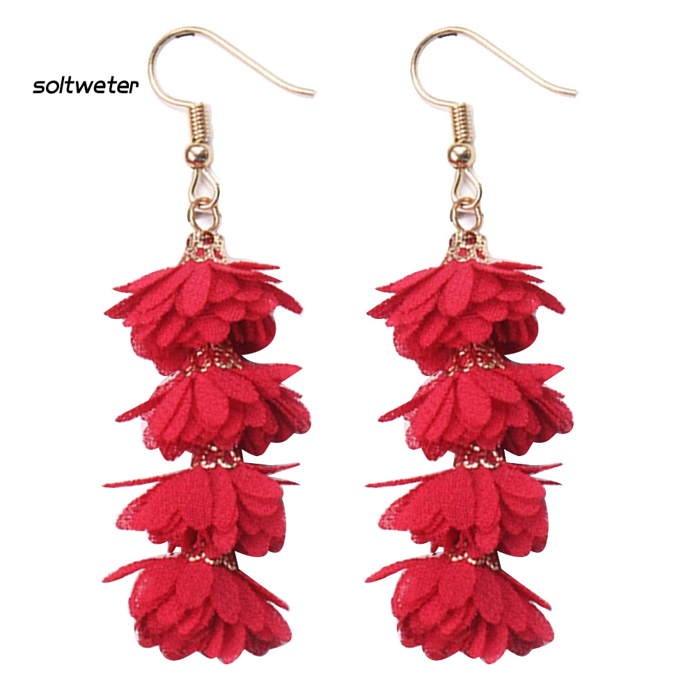 Khuyên Tai Móc Dáng Dài Mặt Hoa Vải Phối Tua Rua Phong Cách Boho