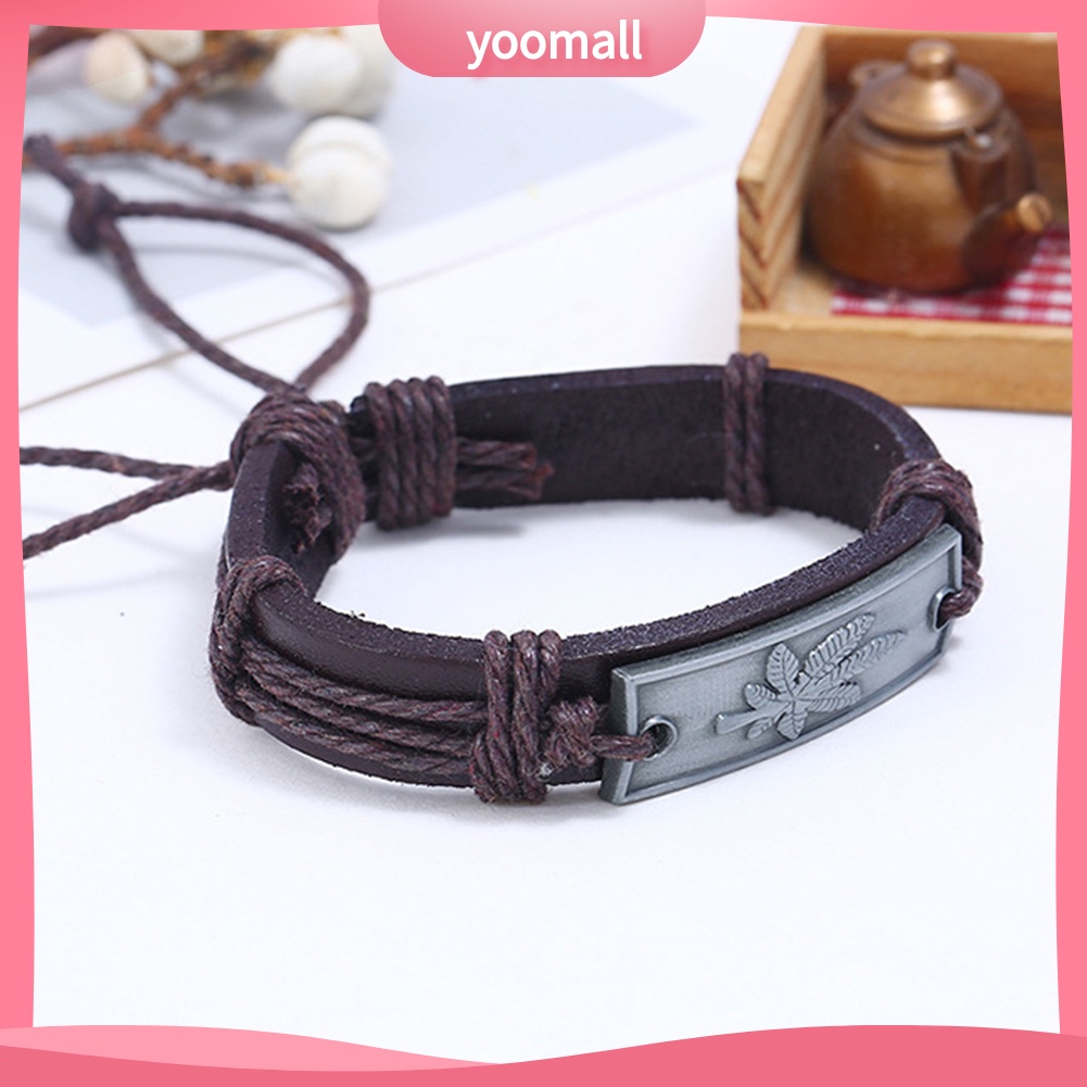 Vòng Tay Giả Da Mặt Hình Lá Phong Có Thể Điều Chỉnh Kích Cỡ Dành Cho Nam Giới