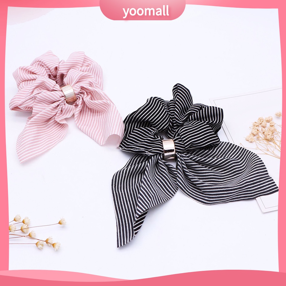 Dây Cột Tóc Co Giãn Đính Nơ Họa Tiết Kẻ Sọc Đơn Giản Cho Nữ