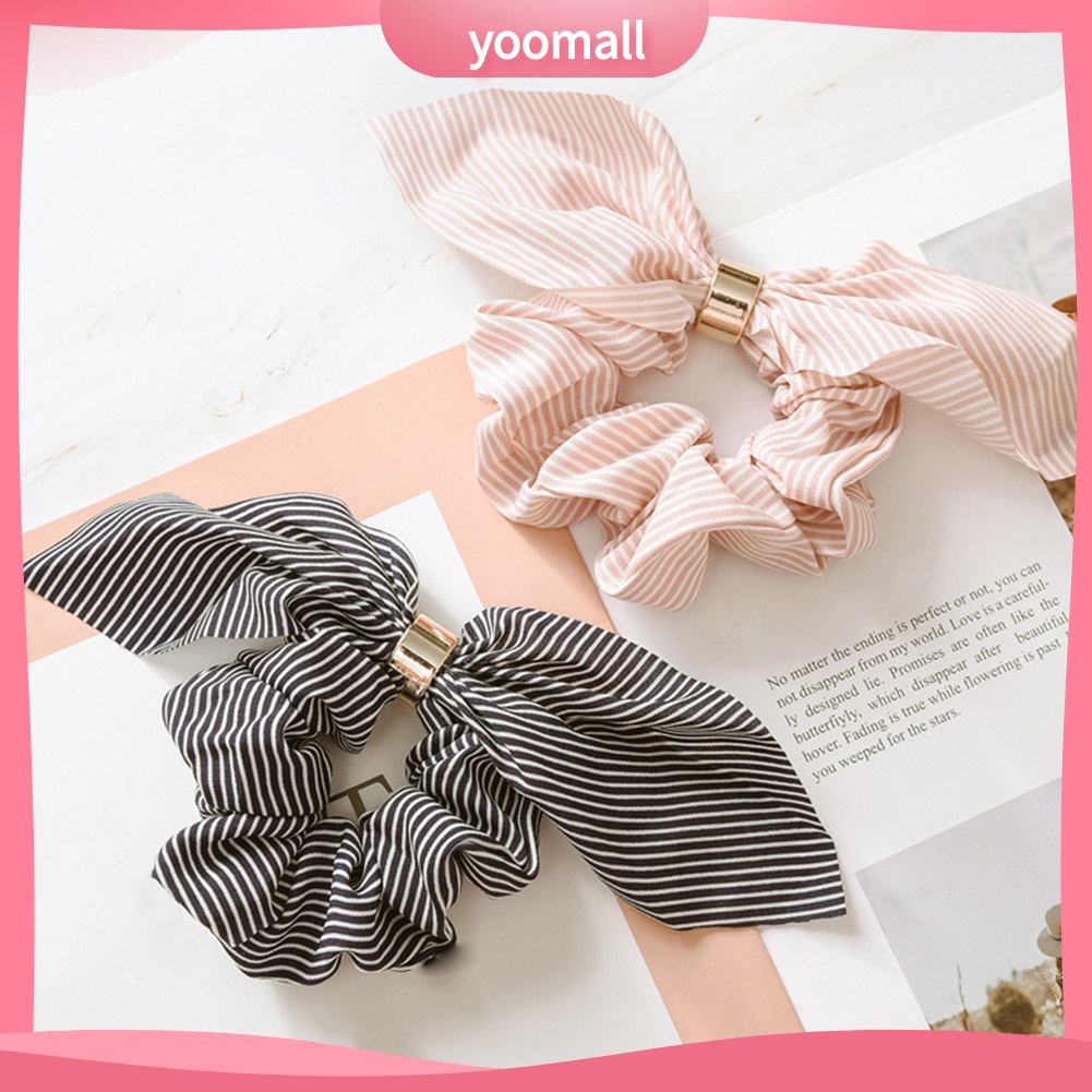 Dây Cột Tóc Đuôi Ngựa Co Giãn Hình Tai Thỏ Họa Tiết Kẻ Sọc Cho Nữ