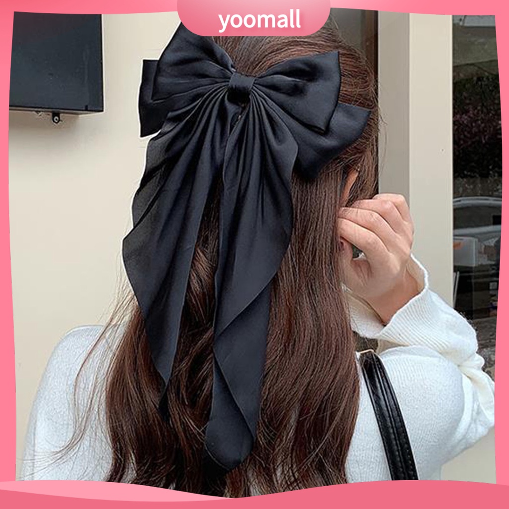 Kẹp Tóc Đuôi Ngựa Bằng Satin Hai Lớp Thắt Nơ Lớn Màu Trơn Thanh Lịch Cổ Điển Dành Cho Bạn Nữ