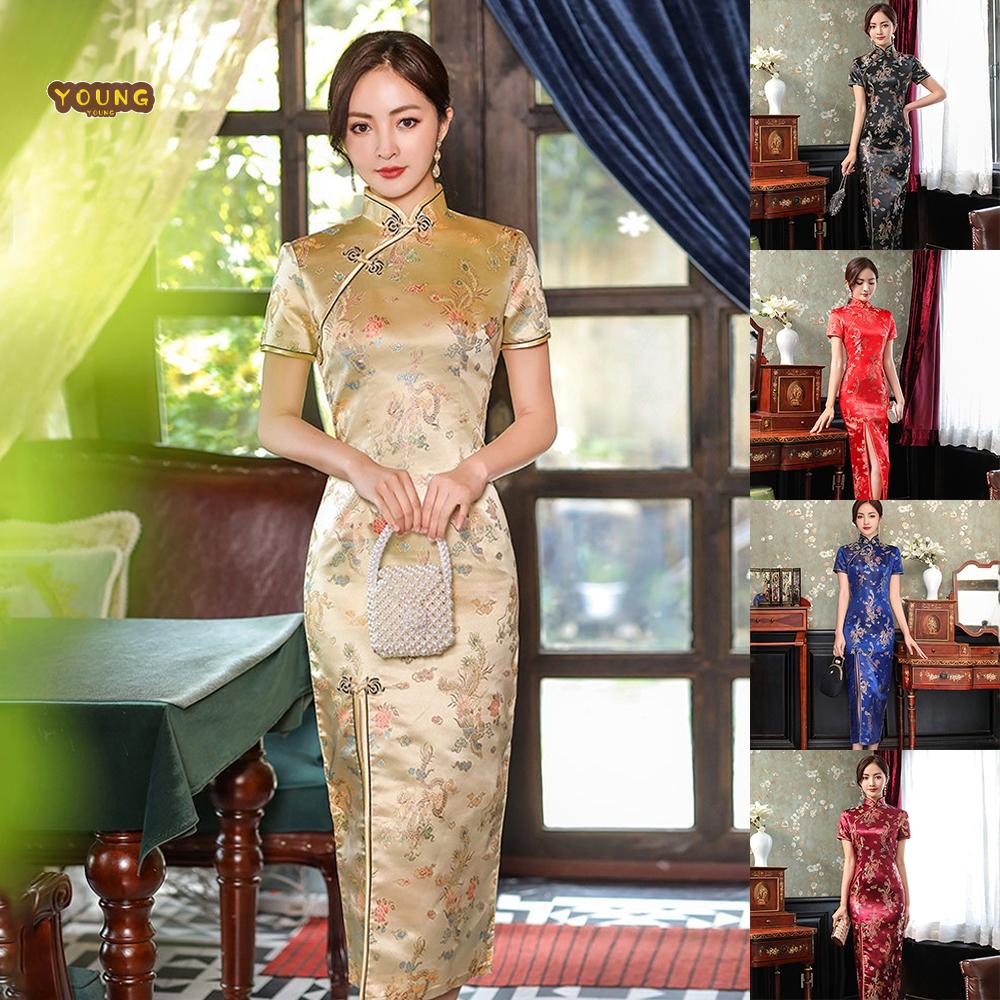 Sườn Xám Qipao tws rn ws bs ab Bằng Satin Sang Trọng Hình Rồng Phượng Hoàng Trung Hoa Mới Cho Nữ
