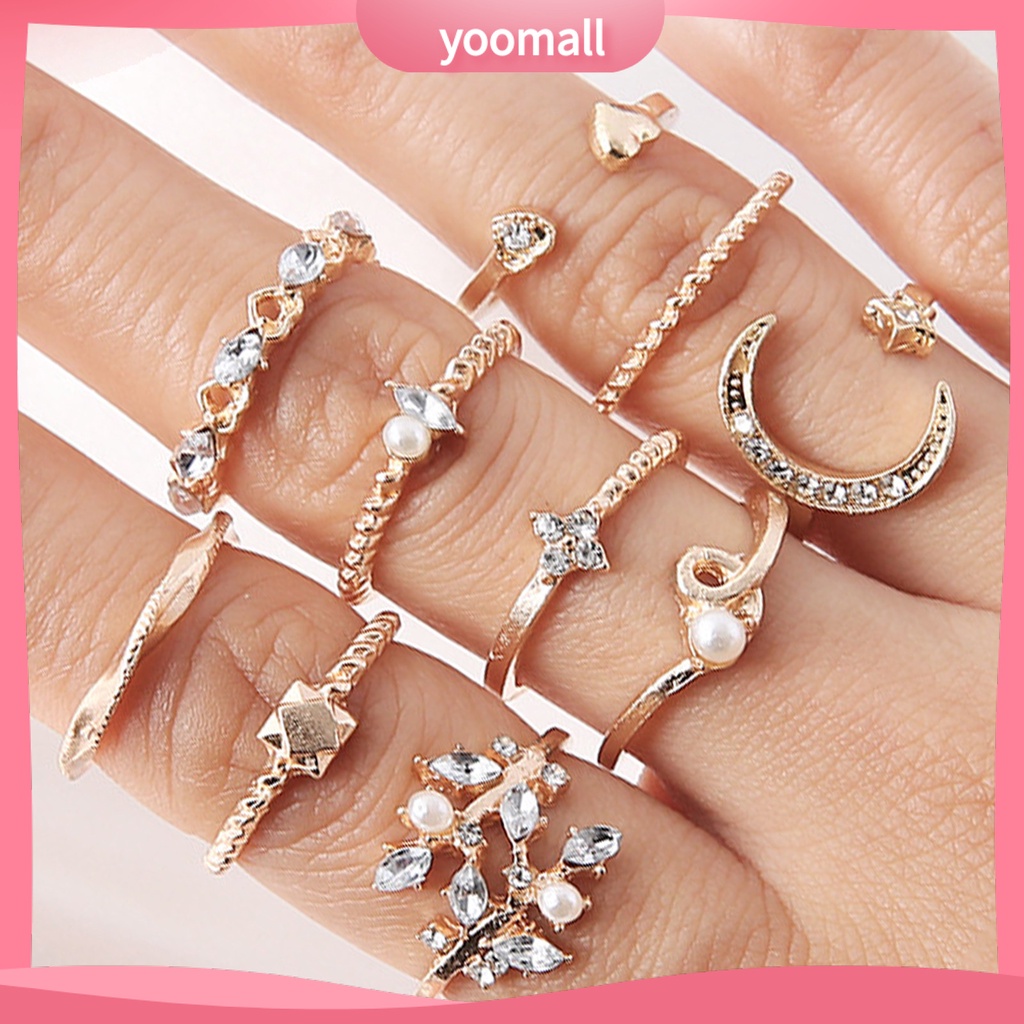 Bộ 10 Nhẫn Thời Trang Hình Học / Lá / Mặt Trăng / Trái Tim Không Phai Màu Trọng Lượng Nhẹ Cho Nữ