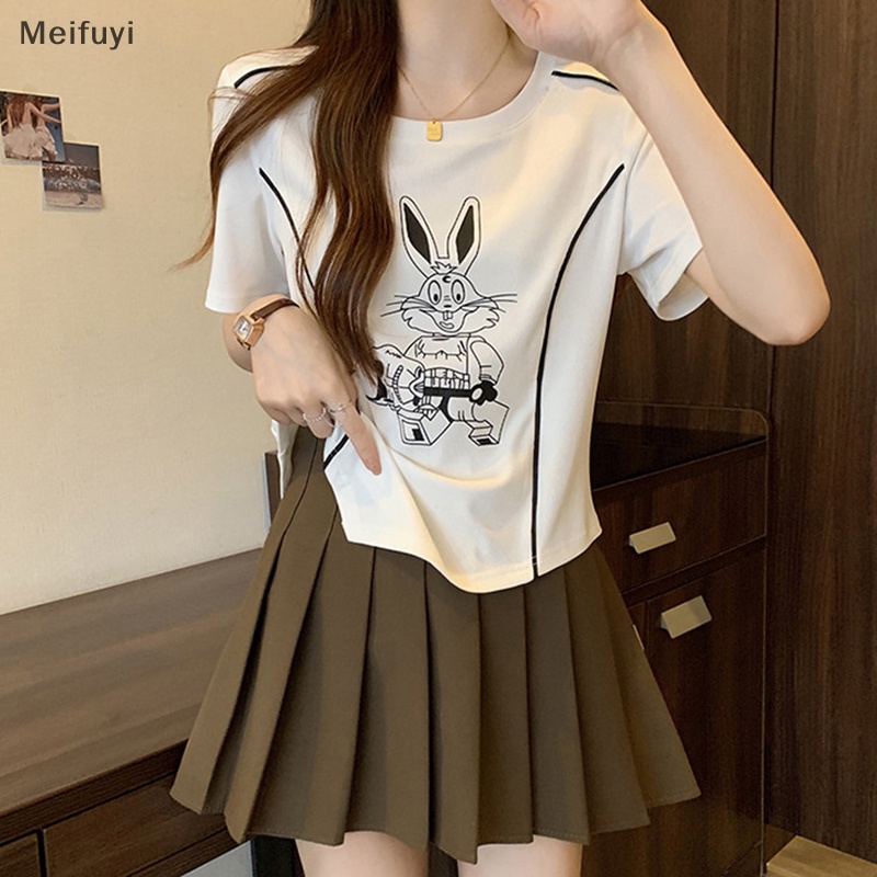 [Meifuyi] Summer Rabbit Printed T-shirt Women Round Neck Short Sleeve Casual Slim T-shirt COD