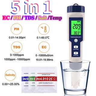 Bút đo độ mặn của nước 5 trong 1 ph/tds/ec/độ mặn/nhiệt độ kèm 3 gói ph chuẩn