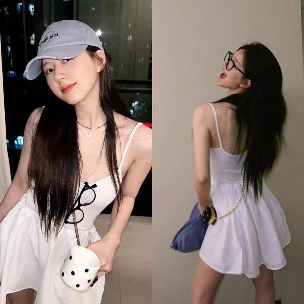 Secretly Can 'T Hide Zhao Lusi Sangzhi Đầm Hai Dây Eo Cao Màu Trơn Ngọt Ngào Cho Nữ
