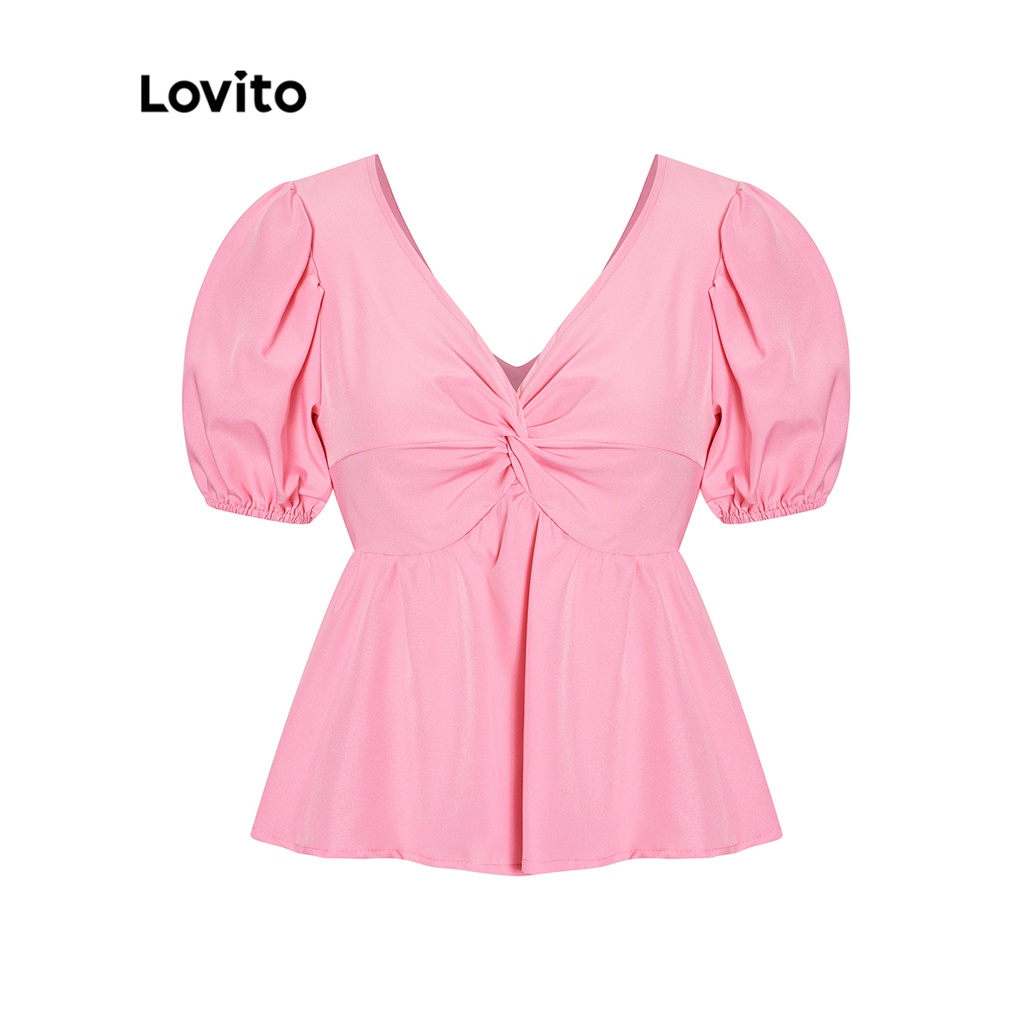 Áo kiểu Lovito trơn phối nút xếp ly tay phồng cho nữ L54ED022 (màu hồng đậm)