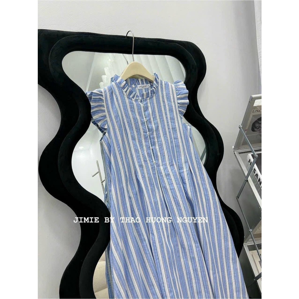 VN340- VÁY KẺ SUÔNG XANH TAY BÈO CHO NỮ