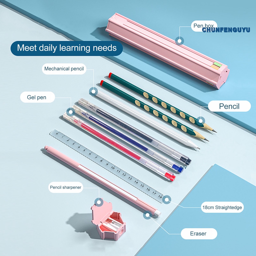 1 Bộ Hộp Đựng Bút 6 Bút Chì 1 Tẩy 1 Thước Đa Năng Hình Lục Giác Cho Trẻ Em