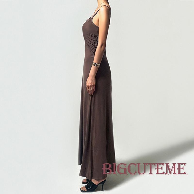 [] - Đầm Dài Hai Dây Dáng Chữ A Hở Lưng Màu Trơn Mềm Mại Mùa Hè Dành Cho Nữ Đi Tiệc Hàng Ngày / Nâu / Đen