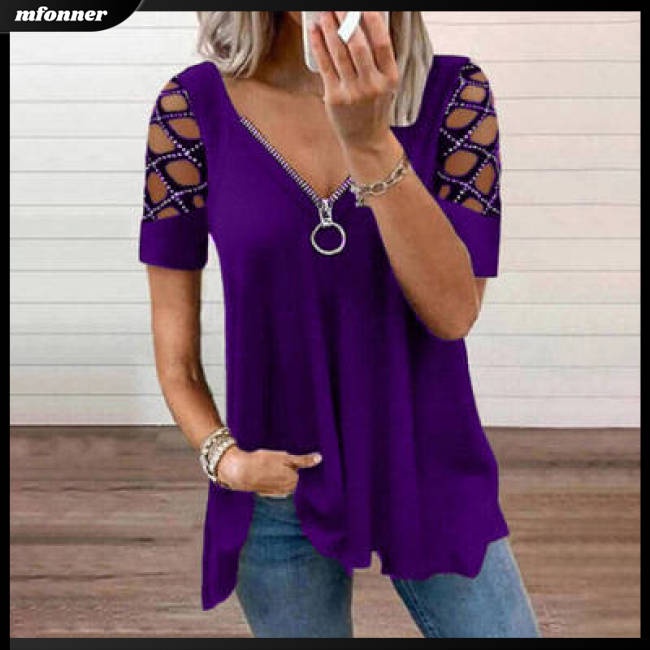 Áo Thun Tay Ngắn Cổ Chữ V Khoét Lỗ Màu Sắc Trơn Thời Trang Mùa Hè Cho Nữ