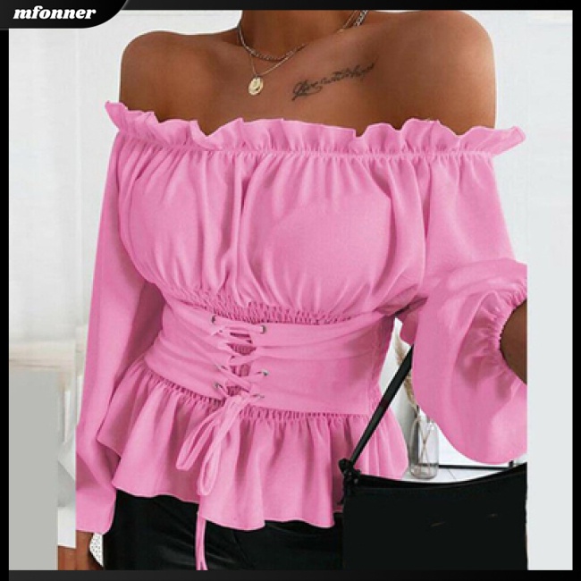 Áo Thun Trễ Vai Tay Dài Phối Bèo Màu Sắc Đơn Giản Cho Nữ