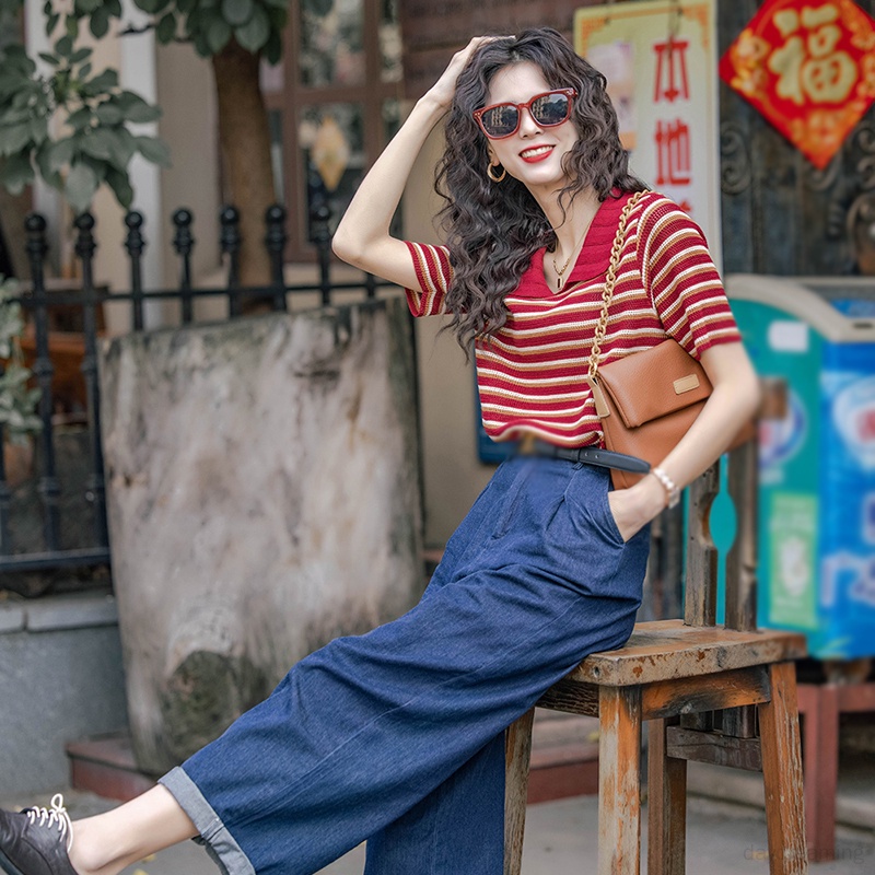 Áo Thun Dệt Kim Cổ Bẻ Họa Tiết Kẻ Sọc Thời Trang Mùa Hè Cho Nữ
