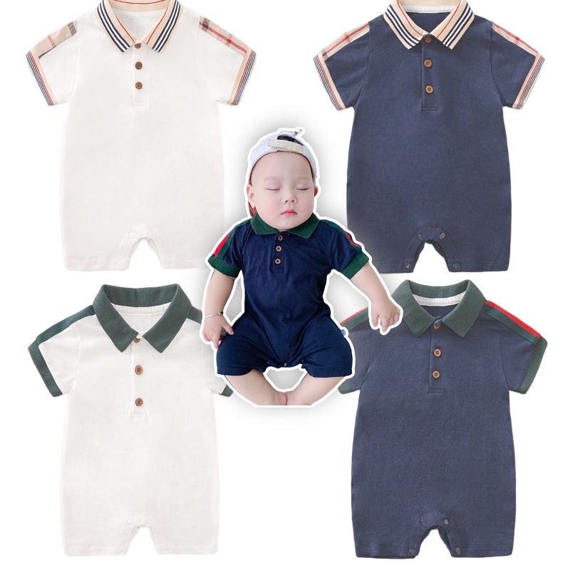 Áo Liền Quần Polo Bằng Cotton Trơn Mỏng Tay Ngắn Thời Trang Mùa Hè Dành Cho Bé Trai Sơ Sinh 0-24 Tháng Tuổi