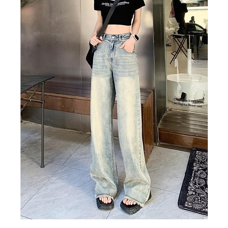 Quần jean Qc cơ bản lai tua phủ ánh vàng 107CM Q330