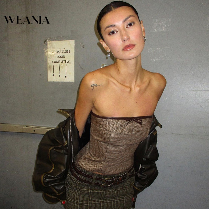 Áo Ống Thắt Nơ In Caro Phong Cách Ins WEANIA Dành Cho Bạn Nữ