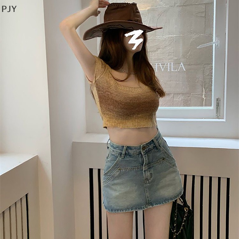 Pjy Chân váy jean Chữ A Lưng Cao Phong Cách Vintage Mỹ Mùa Hè