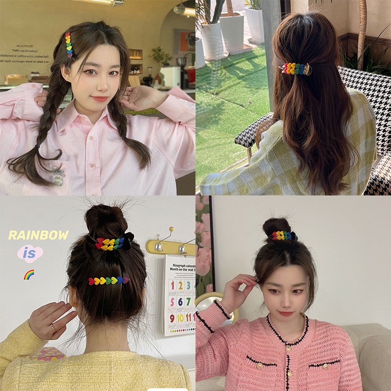 Kẹp Tóc Hai Hàng Bằng Acrylic Màu Cầu Vồng Dễ Thương