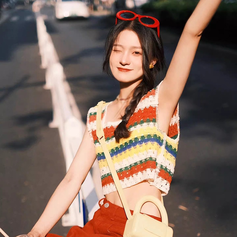 Áo Croptop Dệt Kim Hai Dây Cổ Vuông Họa Tiết Kẻ Sọc Cầu Vồng Phong Cách Cổ Điển Thời Trang Mùa Hè Cho Nữ