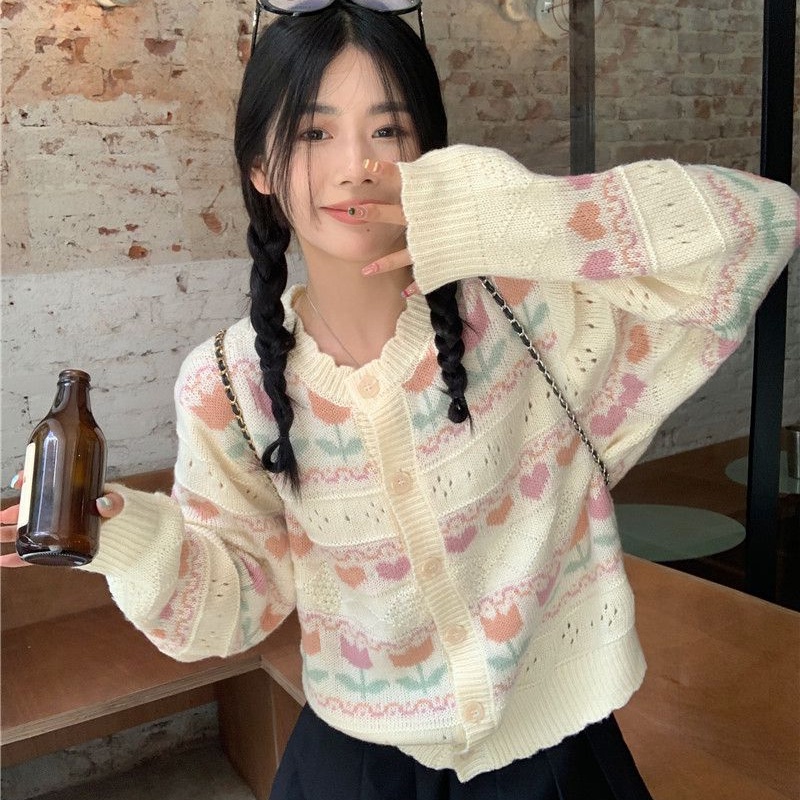 Áo Cardigan Dệt Kim Dáng Rộng Họa Tiết Hoa Tulip Thời Trang Xuân Hè Phong Cách Nhật Bản Cho Nữ