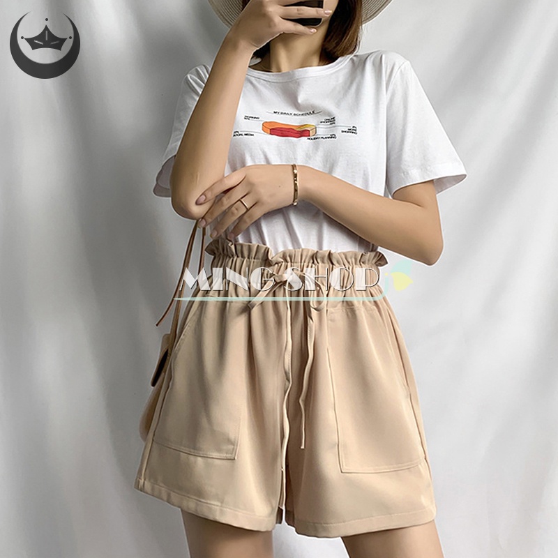 Quần Short Kaki Đen Ống Rộng Lưng Thun Dây Rút Thời Trang Mùa Hè Cho Nữ