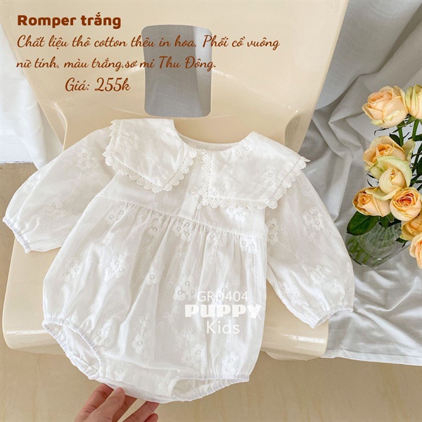 (GRD404) (5-12kg) Quần áo trẻ em (Puppy Kids) Romper trắng - thô cotton thêu in hoa phối cổ vuông..