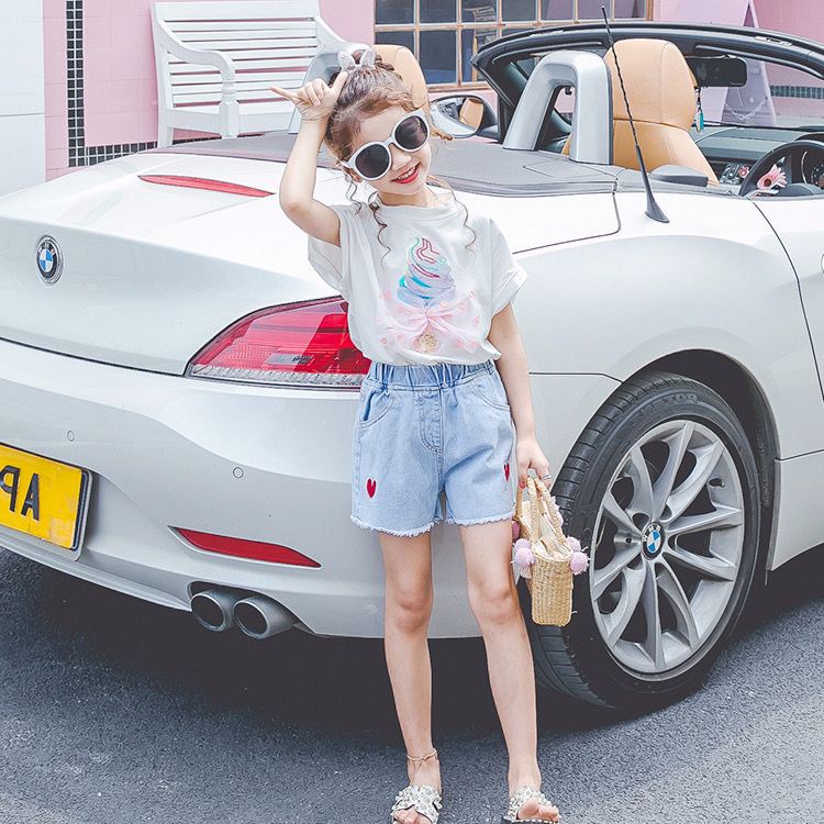 Tương phản màu ren t-shirt cô gái t-shirt mỏng phong cách hàn quốc thoáng khí thấm hút mồ hôi quần áo trẻ em