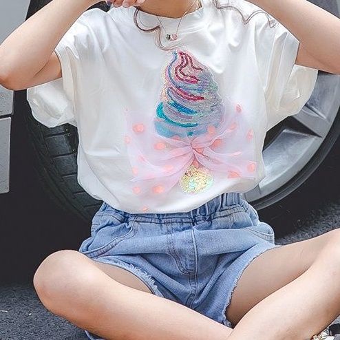 Tương phản màu ren t-shirt cô gái t-shirt mỏng phong cách hàn quốc thoáng khí thấm hút mồ hôi quần áo trẻ em