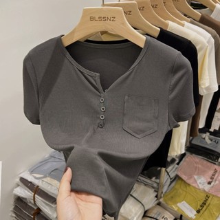 Áo Thun cotton Ngắn Tay Cổ Chữ V Dáng Ôm Thời Trang Mùa Hè Dành Cho Nữ