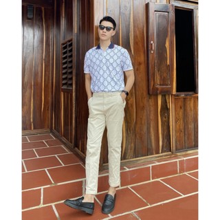  Áo Polo họa tiết Monogram, chất vải CVC dày dặn, đứng form, bo cổ xanh đen sọc đỏ