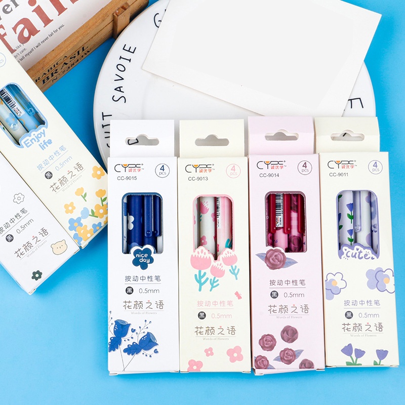 4 Bút Mực Gel Ngòi 0.5mm In Hình Hoa Hồng Xinh Xắn OUYOUVN