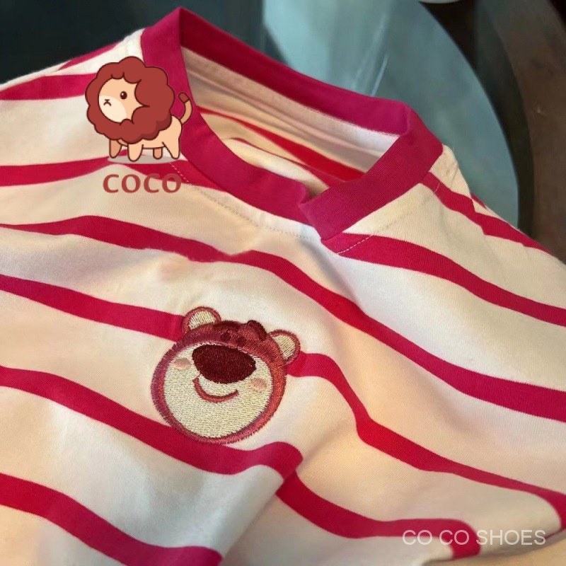 Áo Thun Cotton Tay Ngắn Kẻ Sọc Thêu Hình Gấu Dâu Tây Thời Trang Mùa Hè 2023 Mới Cho Bé Gái
