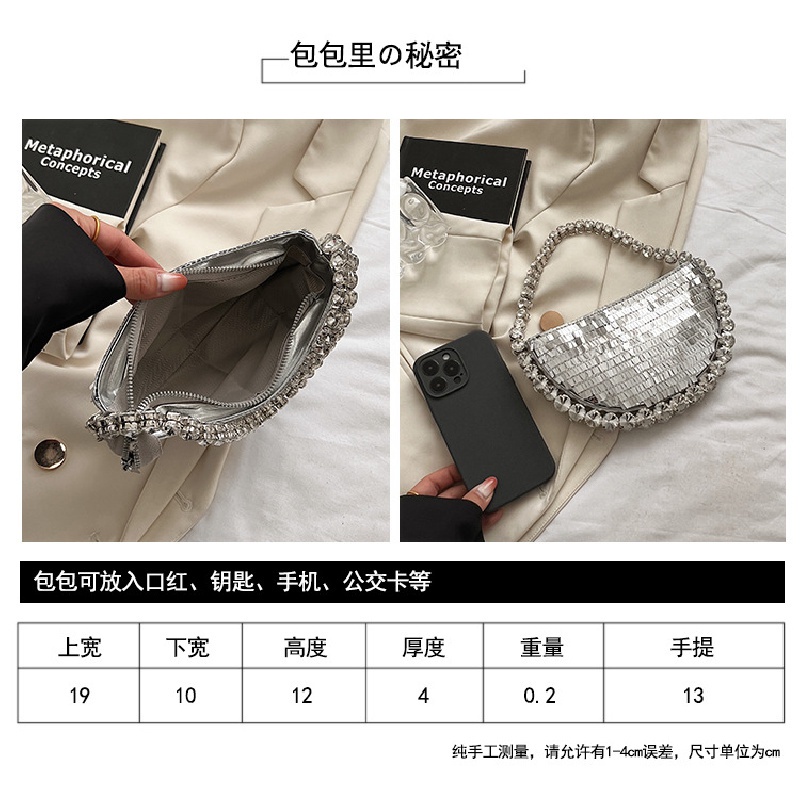 Túi Xách Cầm Tay Hình Bán Nguyệt Đính Đá Lấp Lánh Sang Trọng Dành Cho Nữ