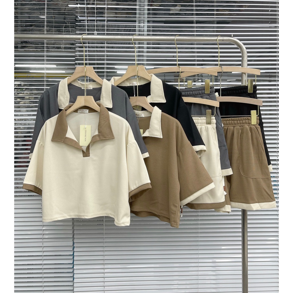 Bộ Áo Polo Dáng Ngắn Mix Sooc Tổ Ong Phối Viền Nữ , Set Cộc Tay Kiểu Hàn Quốc Bánh Bèo Tiểu Thư Ulzzang