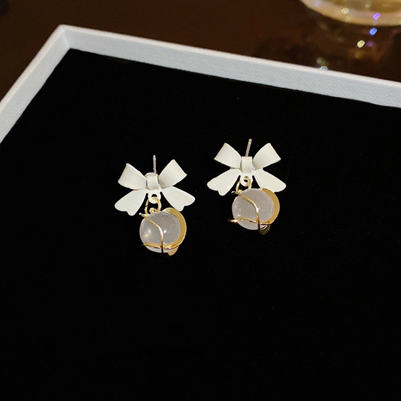 Bông Tai Mạ Bạc 925 Hình Nơ Đính Đá Opal Sang Trọng YR