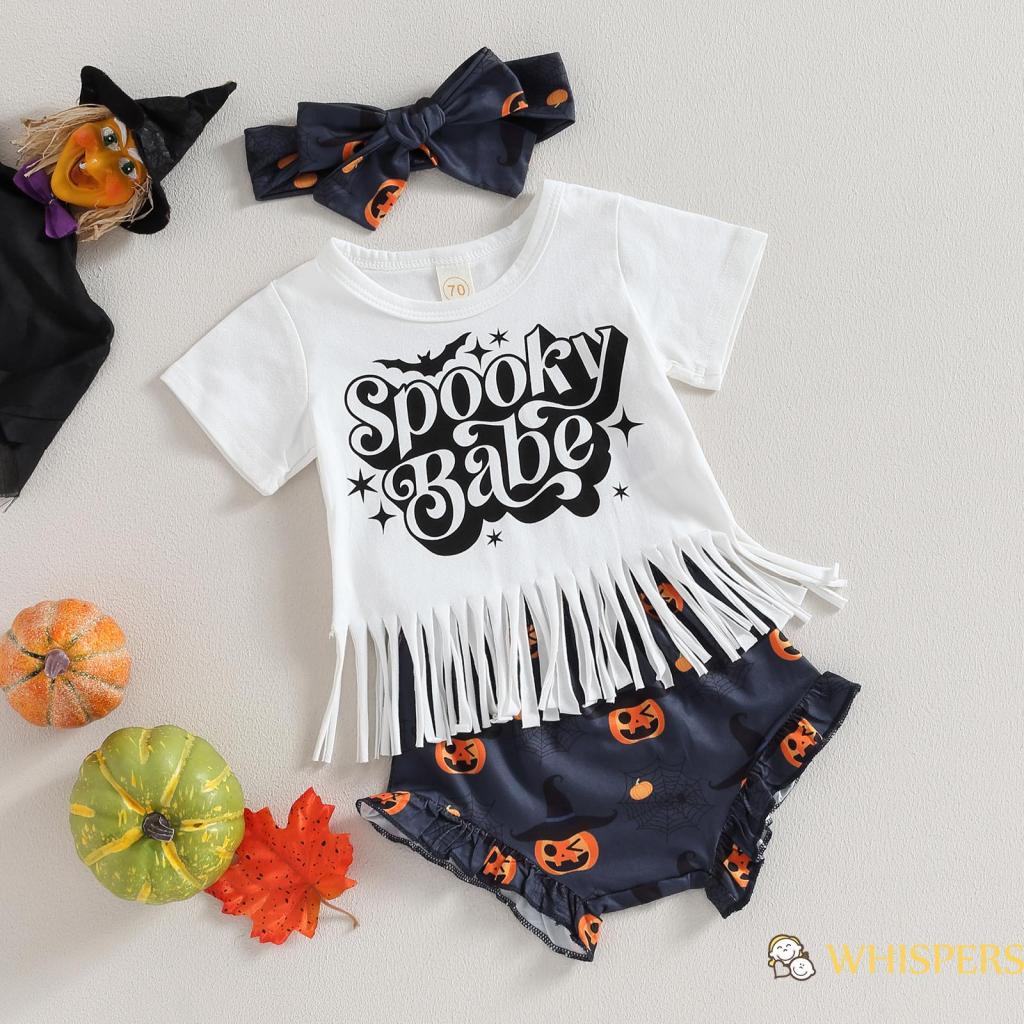 Whispers-0-24 tháng bé gái halloween áo thun tua rua tay ngắn + quần đùi bí ngô + băng đô nơ