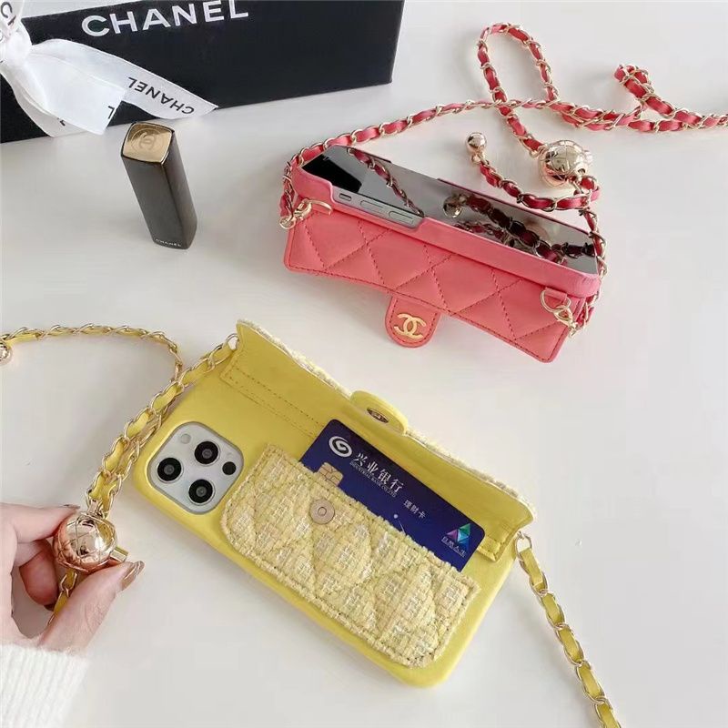 Ốp Điện Thoại Da Họa Tiết Chanel Có Ngăn Đựng Thẻ Và Dây Đeo Sợi Xích Sang Trọng Cho Iphone 14Promax 13 11 12