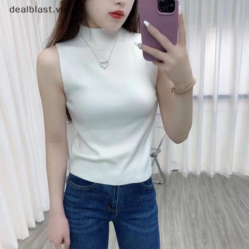 Áo Dệt Kim Sát Nách Cổ Lọ Màu Trơn Thời Trang Mùa Hè Cho Nữ