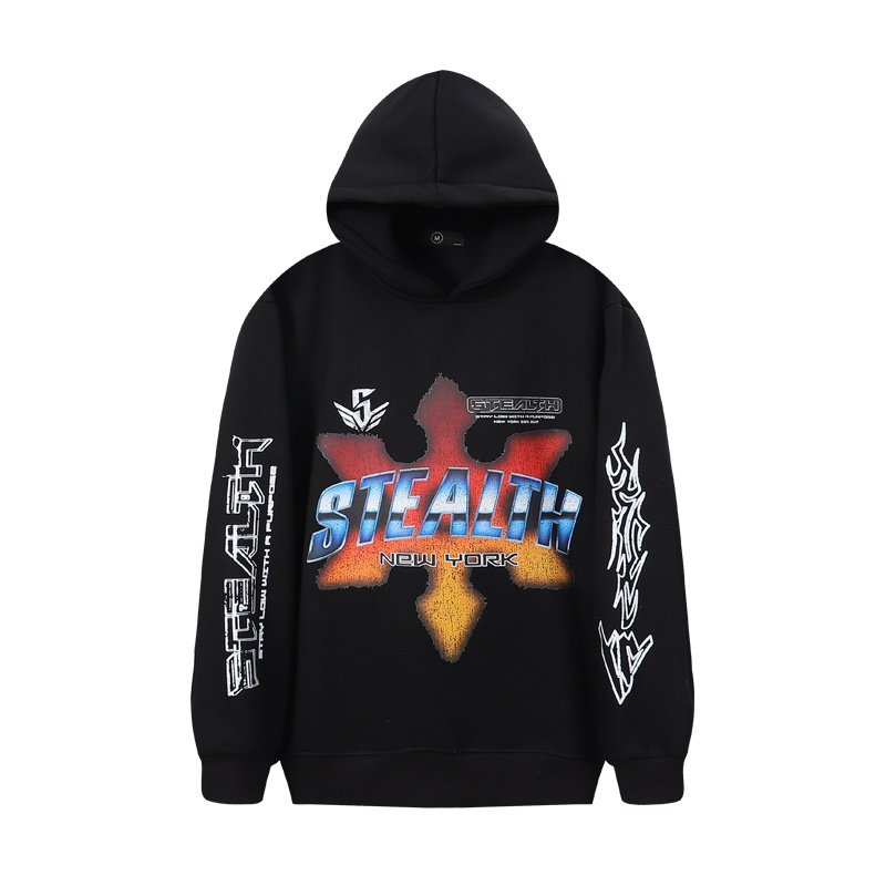 Xu hướng cổ điển new york stealth cặp đôi thời trang dài tay áo chui đầu có mũ trùm đầu đầu đầu máy cổ điển in rời áo khoác nỉ lông cừu giản dị cộng với kích thước unisex