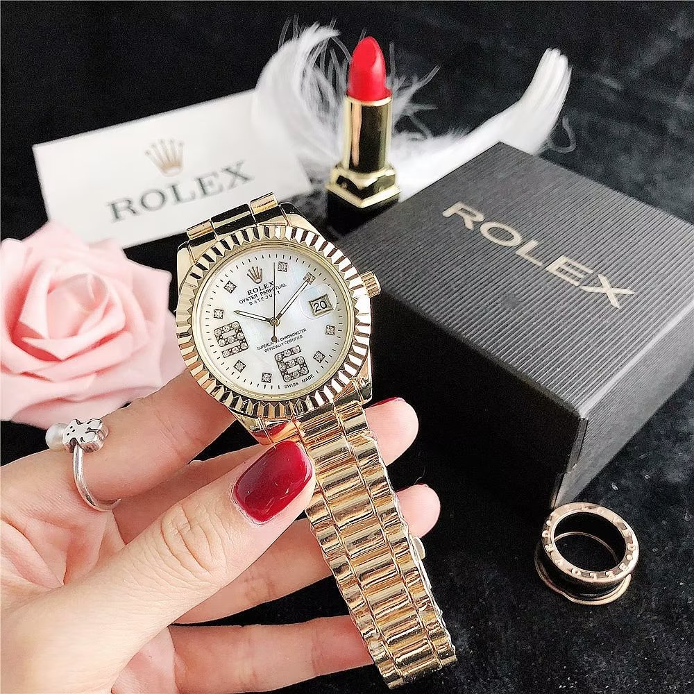 Đồng Hồ Rolex Mặt Tròn Đính Kim Cương Dây Da Thép Không Gỉ Thời Trang Cho Cặp Đôi