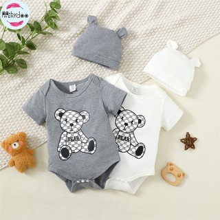 Bộ Áo Liền Quần Ngắn Tay In Hình Gấu Kèm Mũ Thời Trang Mùa Hè Cho Bé Trai Sơ Sinh