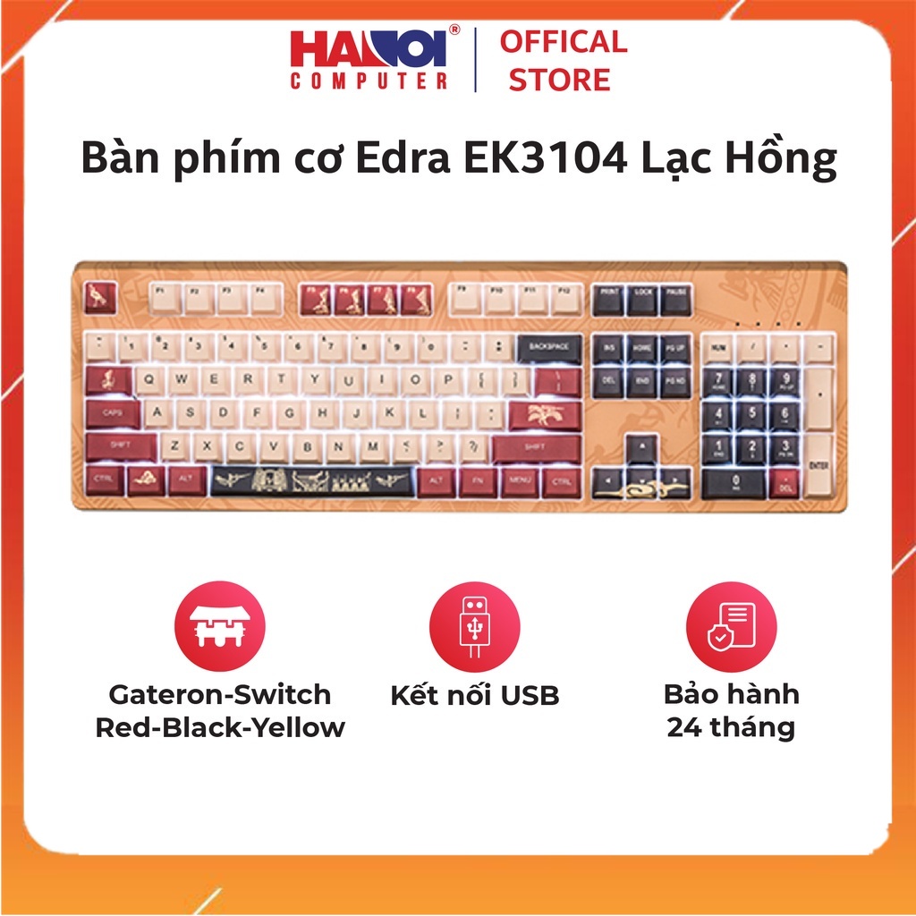 Bàn phím cơ Edra EK3104 Lạc Hồng White Led mượt và ít sạn, độ bền lên đến 50 triệu lần nhấn