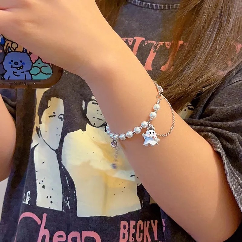 Vòng Tay Chuỗi Hạt Y2K Màu Trắng Đen Đính Hình Ma Dễ Thương Thời Trang Halloween Cho Nam Và Nữ