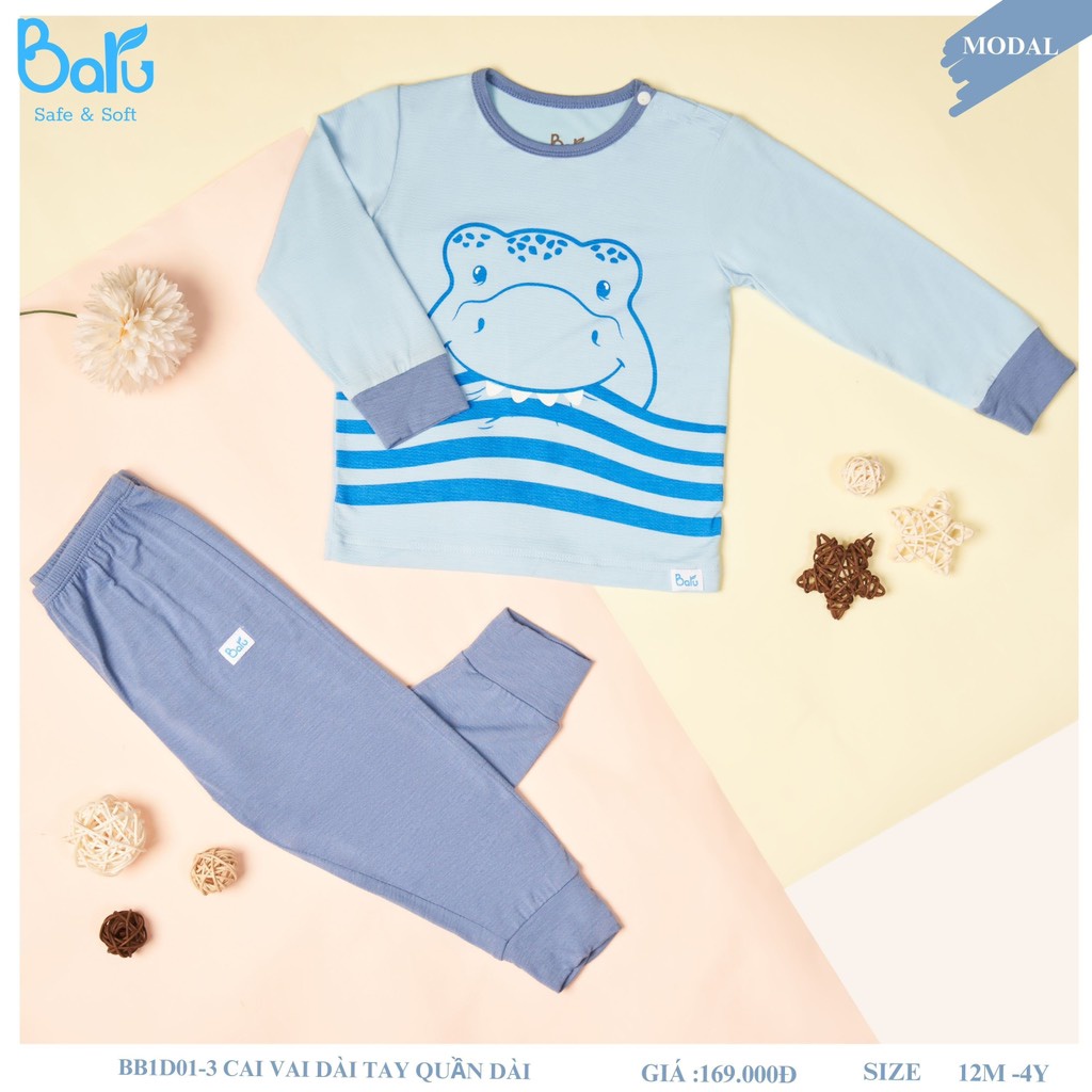 Bộ Baru Modal dài tay in thú cho bé trai bé gái