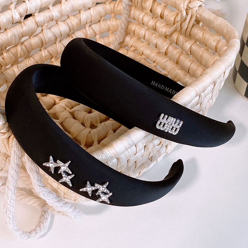 2023 vải trắng đen kim loại bạc độc đáo rhinestone star satin sponge headband